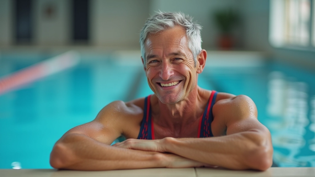 Adult swimmer smiling and resting at the edge of an indoor pool after completing a training session