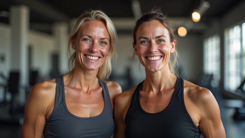 Smiling adult beginners celebrating a completed workout together, high-fiving in gym