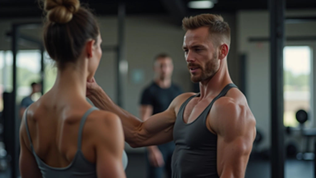 Experienced fitness coach working with mature adult on proper form and technique