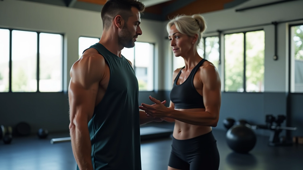 Coach demonstrating proper deadlift form to a participant aged 50 in a professional gym setting