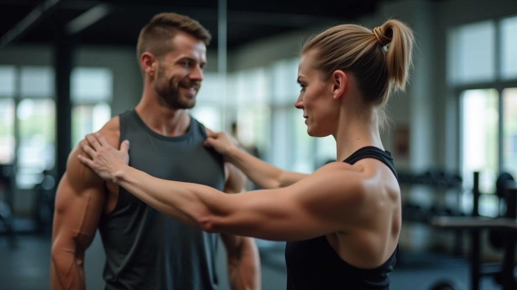 Physical therapist or coach demonstrating proper shoulder positioning during exercise instruction