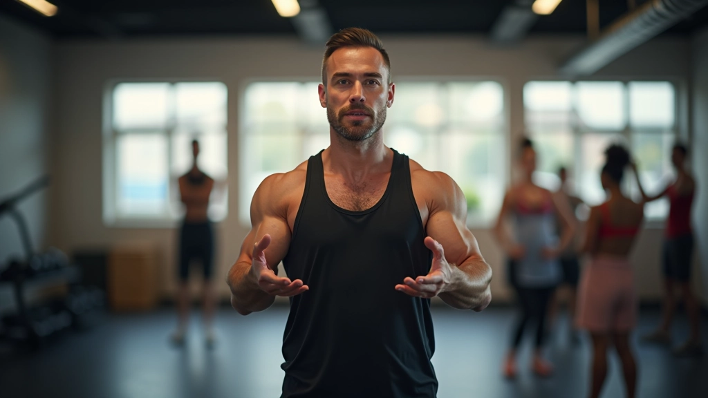 Male trainer aged 45 leading a fitness challenge event with multiple participants