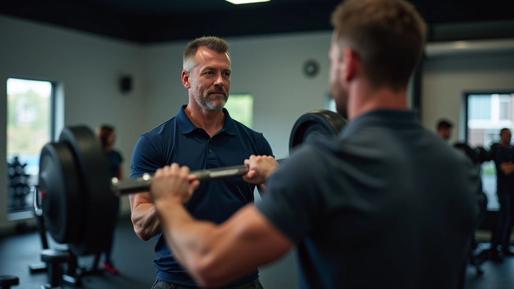 Trainer working with middle-aged client on proper weightlifting technique and form correction