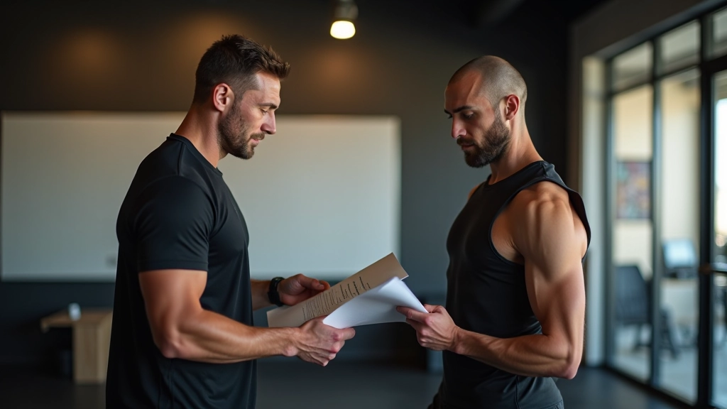 Trainer reviewing progress chart and discussing goals with adult client in gym setting