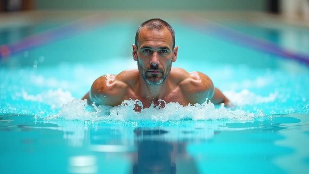 Man in his 50s swimming laps in an indoor pool lane, focused and determined