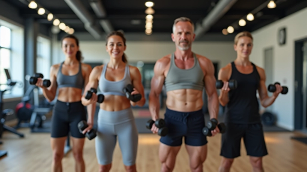 Group of adults aged 45-55 performing dumbbell exercises together in a well-lit gym facility