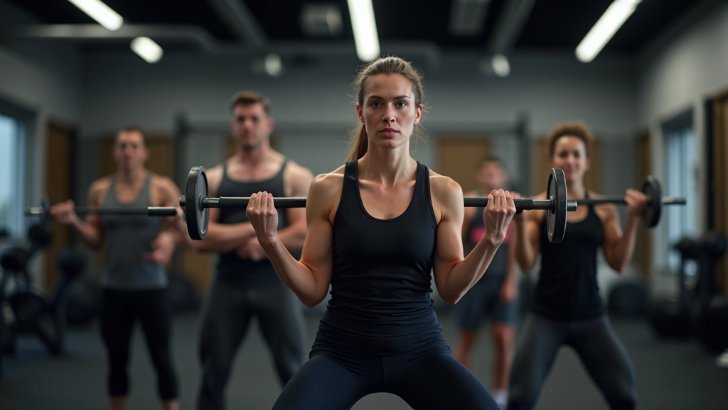 Adult beginners of mixed ages performing scaled barbell movements at different weight stations in gym