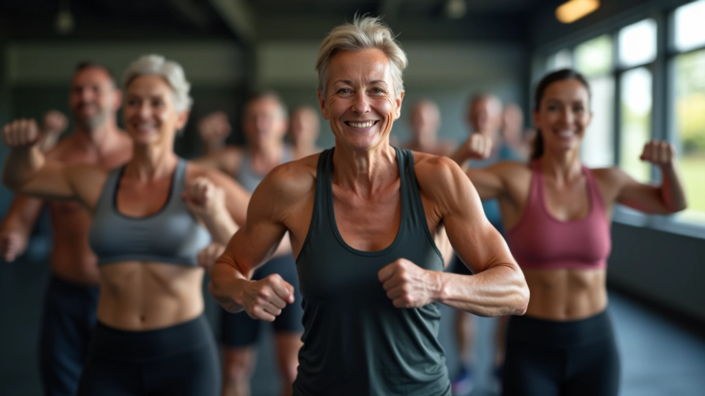 Group of adults in their 50s and 60s performing modified CrossFit movements together