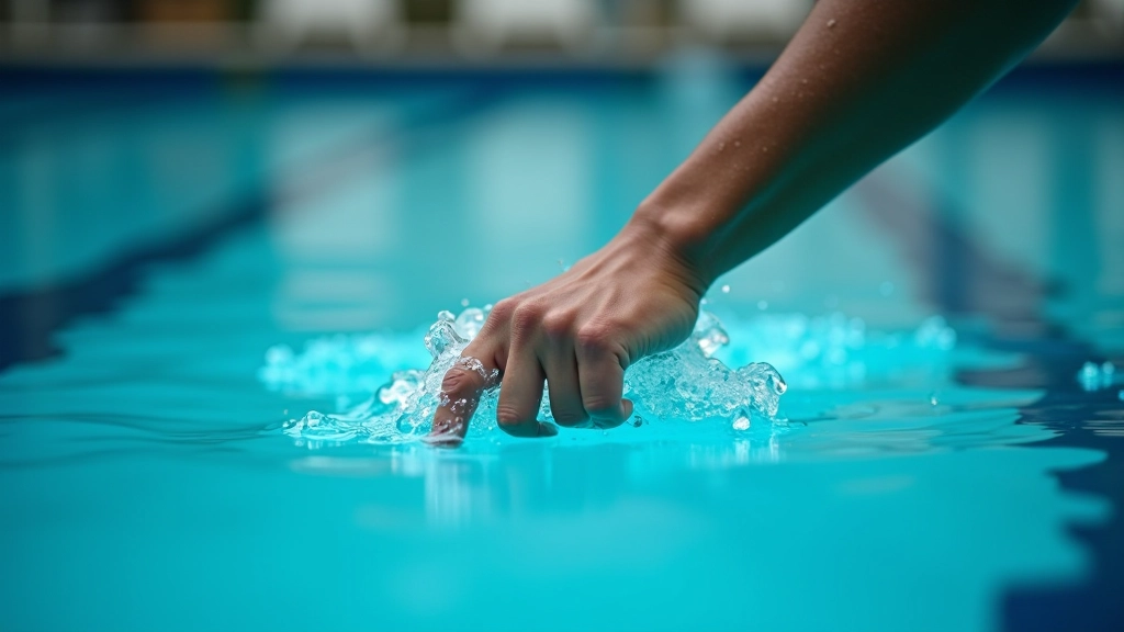 Close-up of swimmer's hand entering water with proper technique and form