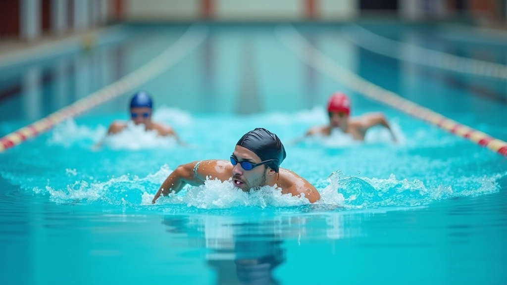 Multiple swimmers in adjacent lanes during a group training session at an indoor pool facility