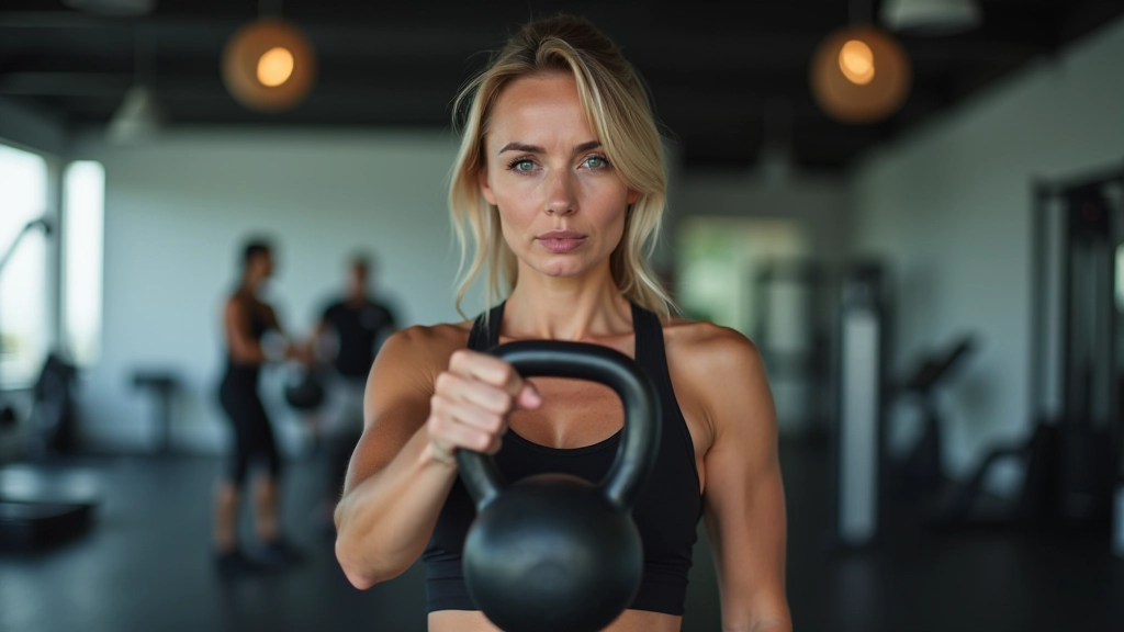 Woman aged 48 performing a kettlebell exercise in a modern gym setting