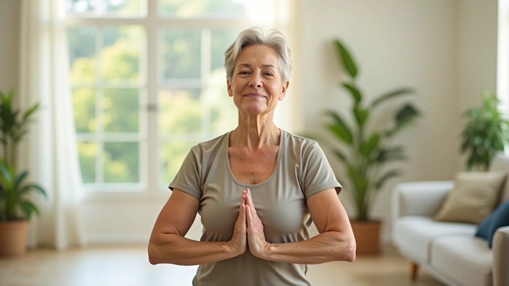 Person stretching in a bright, peaceful home environment with natural light from windows